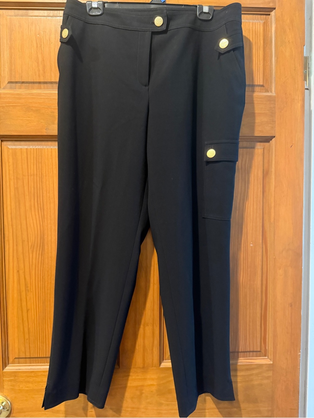 St. John Sz 12 Black ankle length Pants with Gold Button Detail